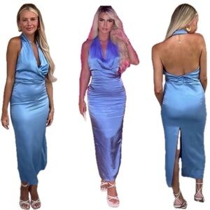 Zara blue satin effect halter top ruched open back midi slip dress NWT
